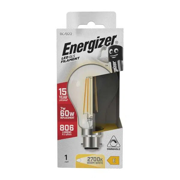 Energizer 7W LED Filament GLS B22 (BC) 806lm 2700K Warm White Dimmable – S12851, ENER541