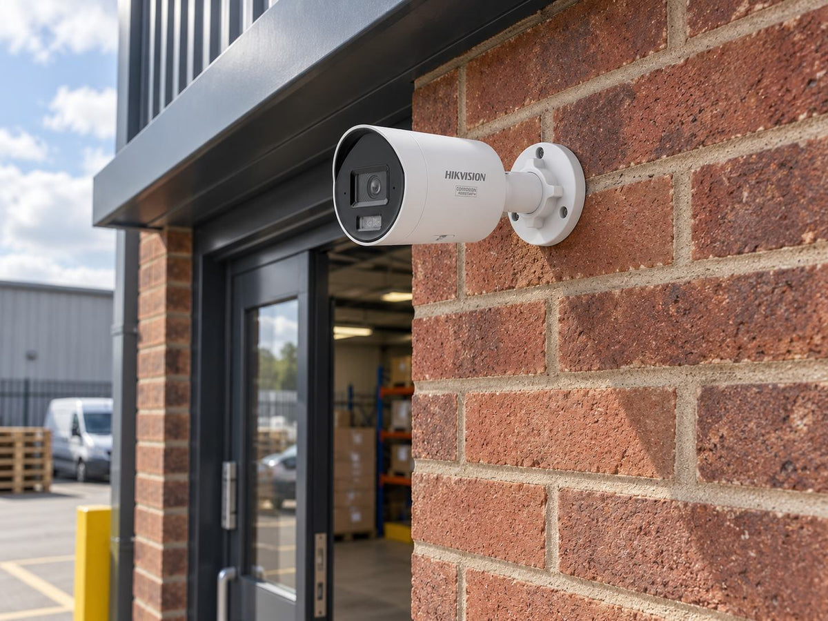 Hikvision DS-2CD2047G3-LI2UY (white) installed in British small warehouse pedestrian entrance.