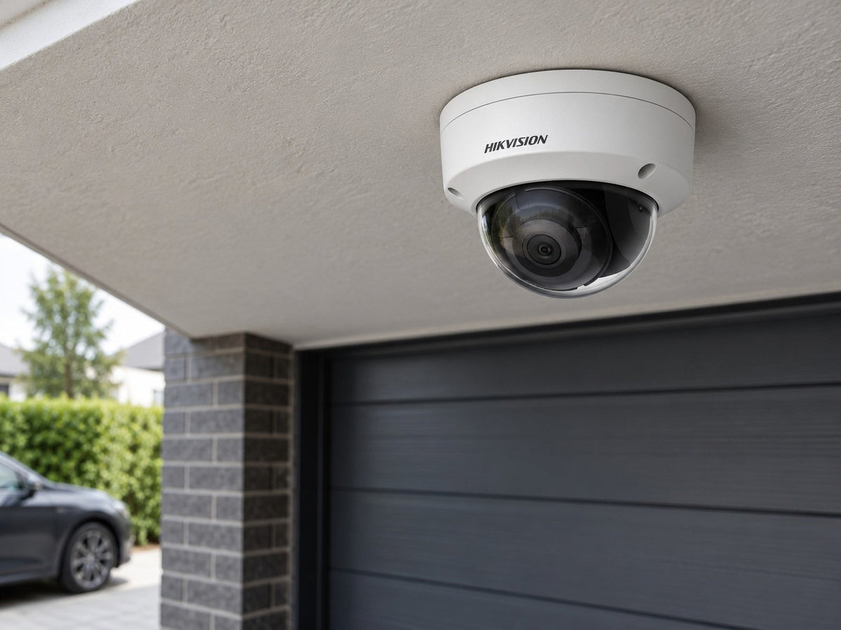 Hikvision DS-2CD2143G2-IS (2.8 mm) shown at garage eaves.