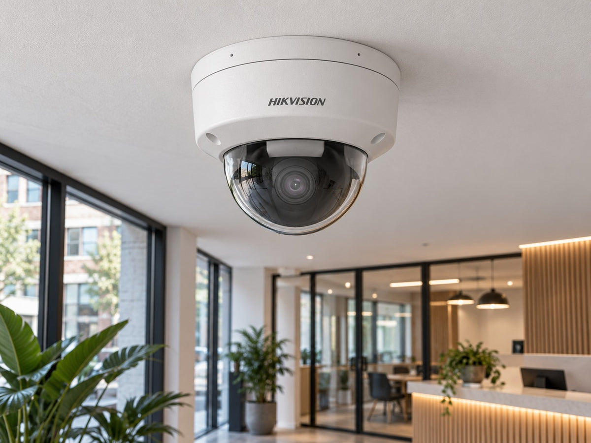 Hikvision DS-2CD2146G2H-ISU (white) installed in British coworking space lobby.