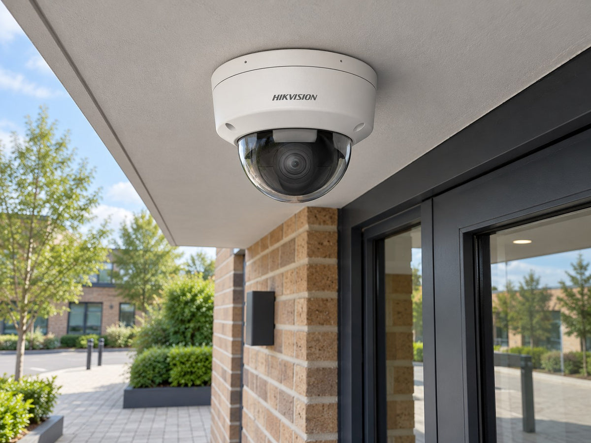 Hikvision DS-2CD2147G3-LIS2UY • White installed in A UK small business doorway beneath a pale grey flat soffit, dark framed entrance and paved courtyard below.