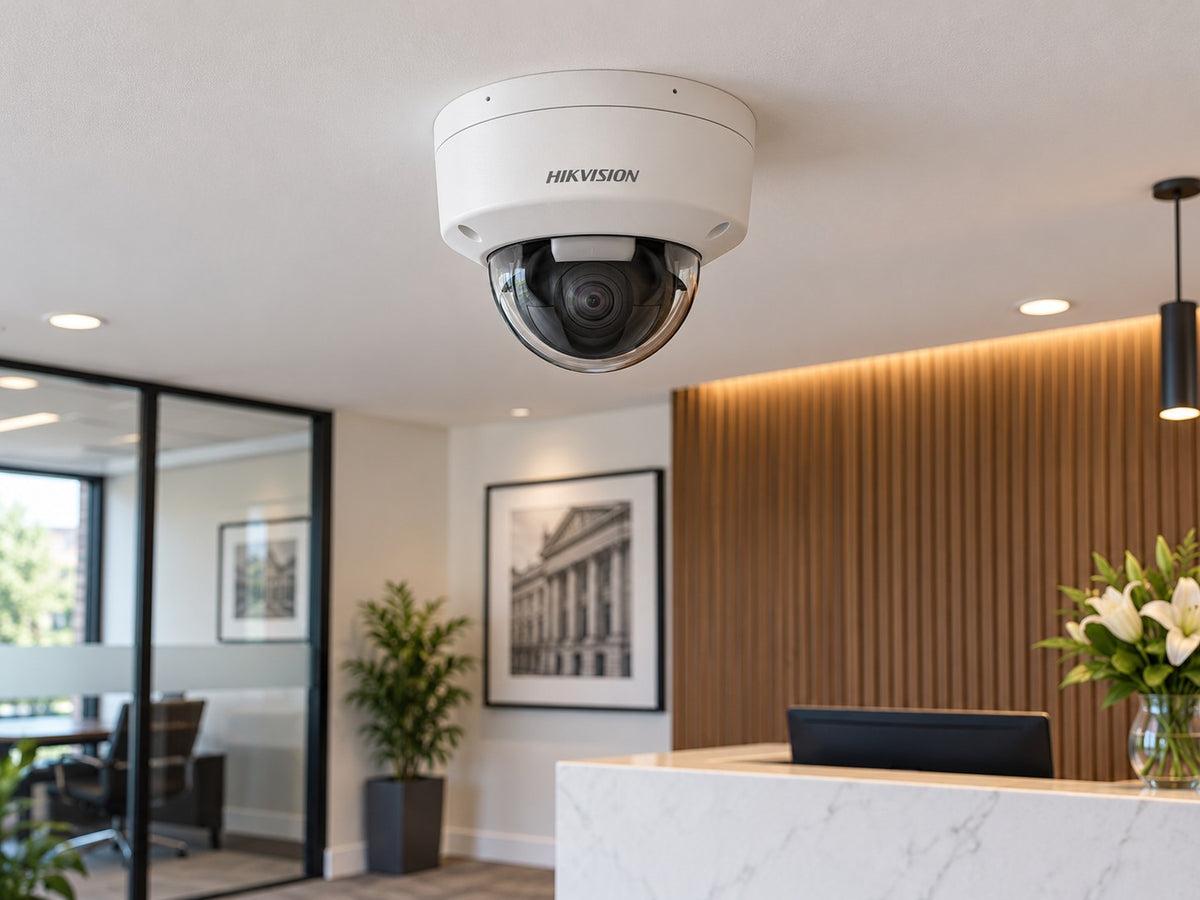 Hikvision DS-2CD2166G2H-ISU (white) installed in British solicitor office reception.
