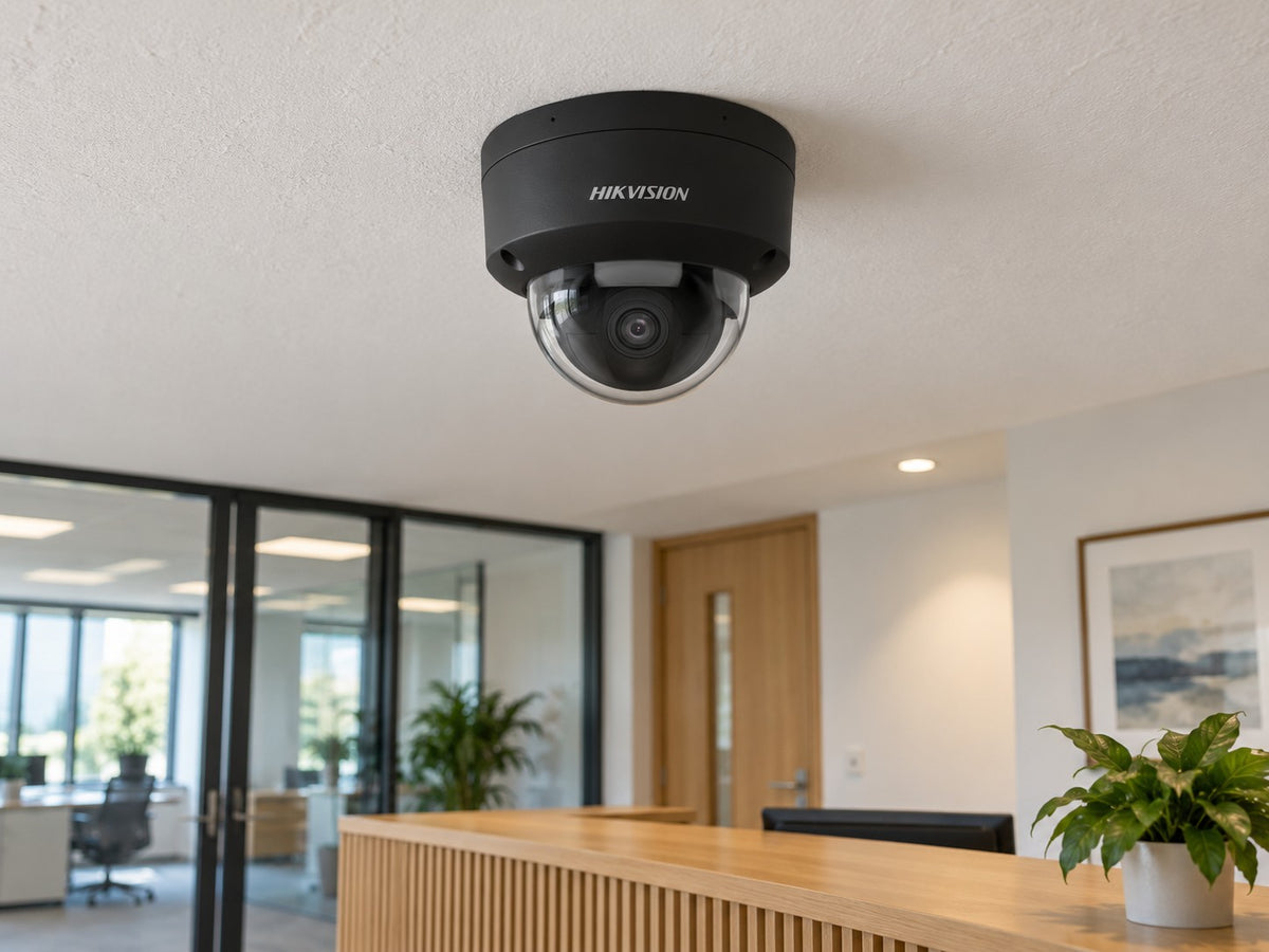 Hikvision DS-2CD2186G2H-ISU installed in British office reception.