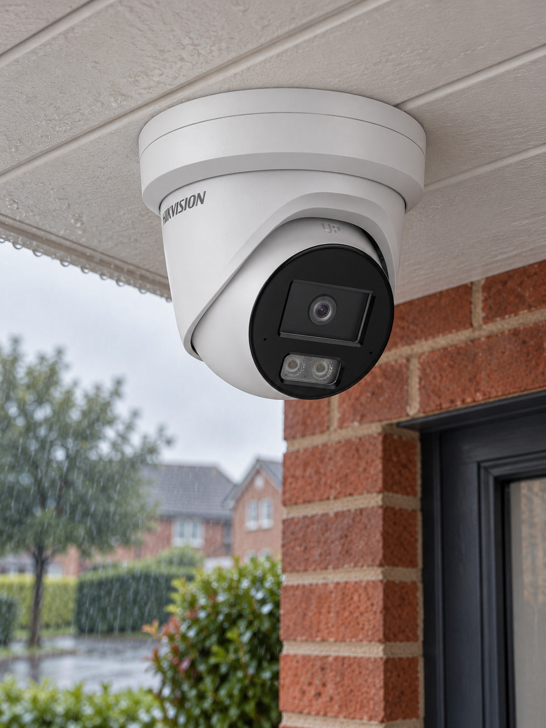 Hikvision DS-2CD2387G3-LI2UY under a rainy porch.