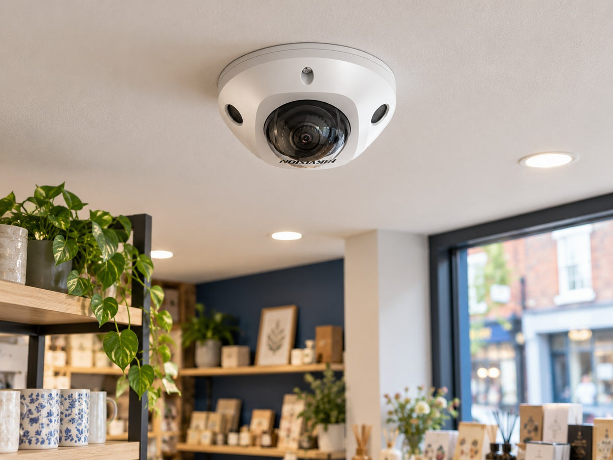 Hikvision DS-2CD2526G2-IS (white) installed in British small retail showroom.