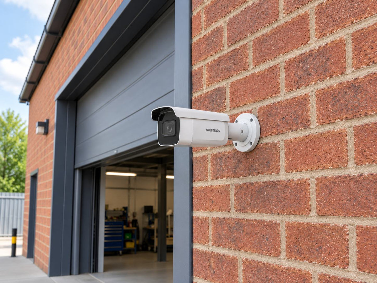 Hikvision DS-2CD2643G2-IZS installed in British brick workshop entrance.