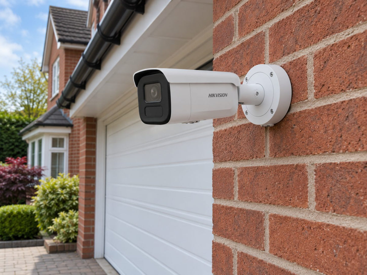 Hikvision DS-2CD2666G2H-IZS installed in British red-brick home driveway.