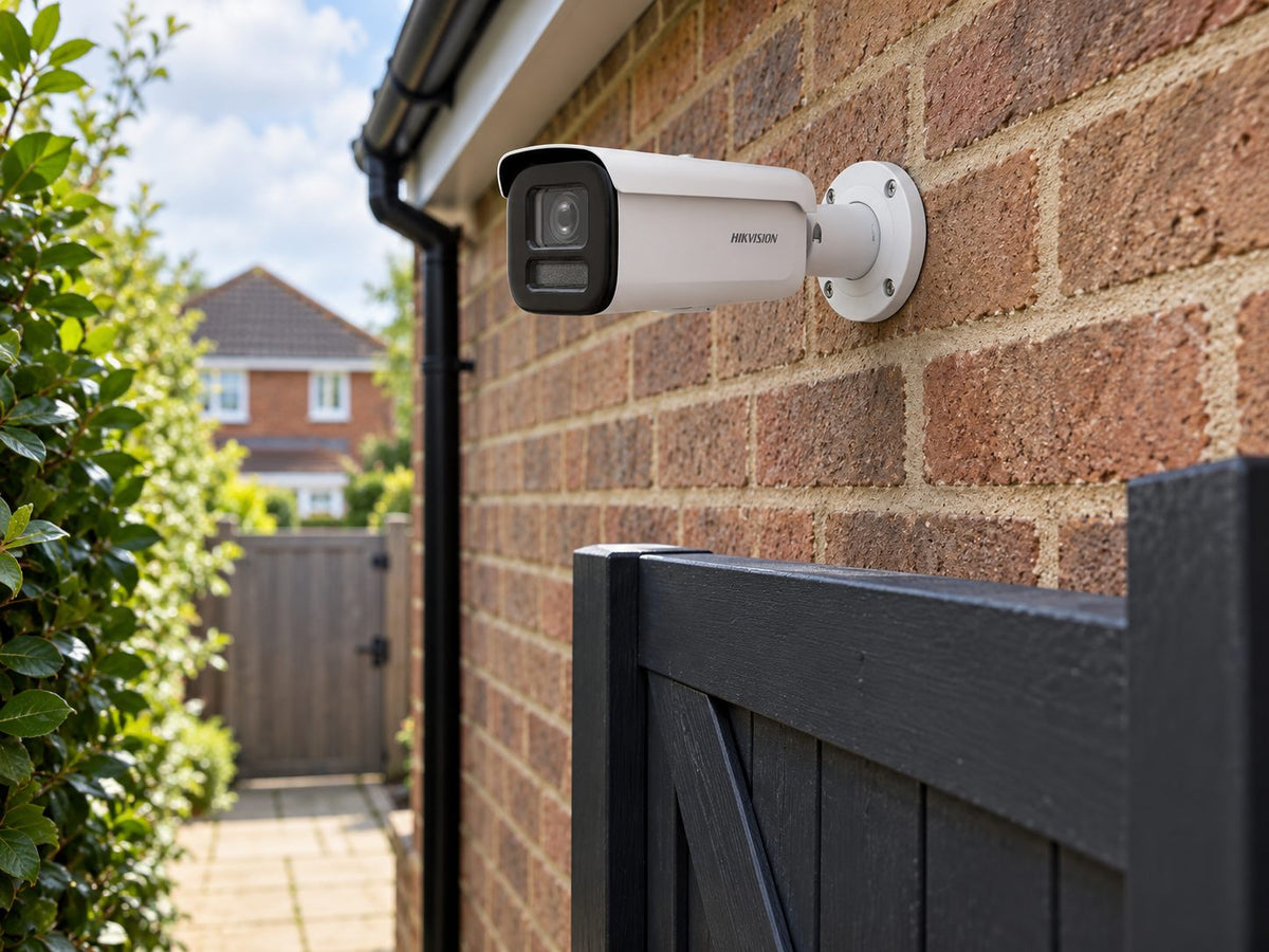 Hikvision DS-2CD2687G3-LIZSY (white) installed in British house side gate entrance.