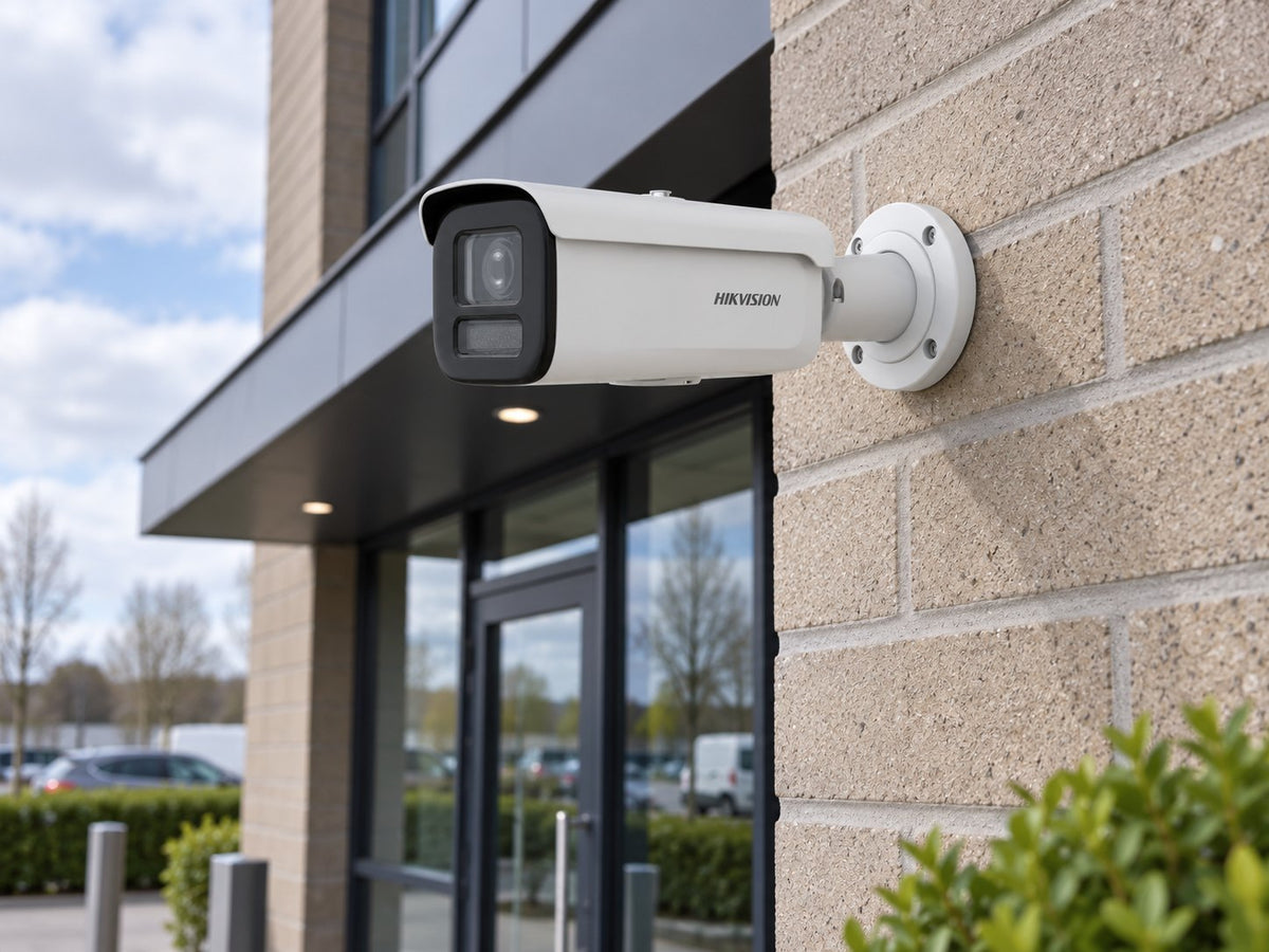 Hikvision DS-2CD2687G3-LIZSY (white) installed in British trade business office exterior.