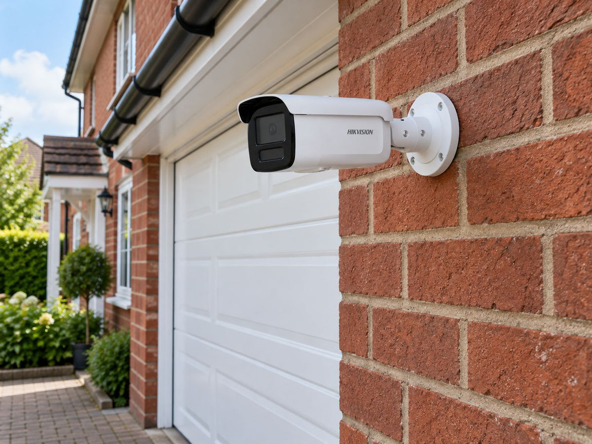 Hikvision DS-2CD2T46G2H-2I installed in British red-brick home driveway.