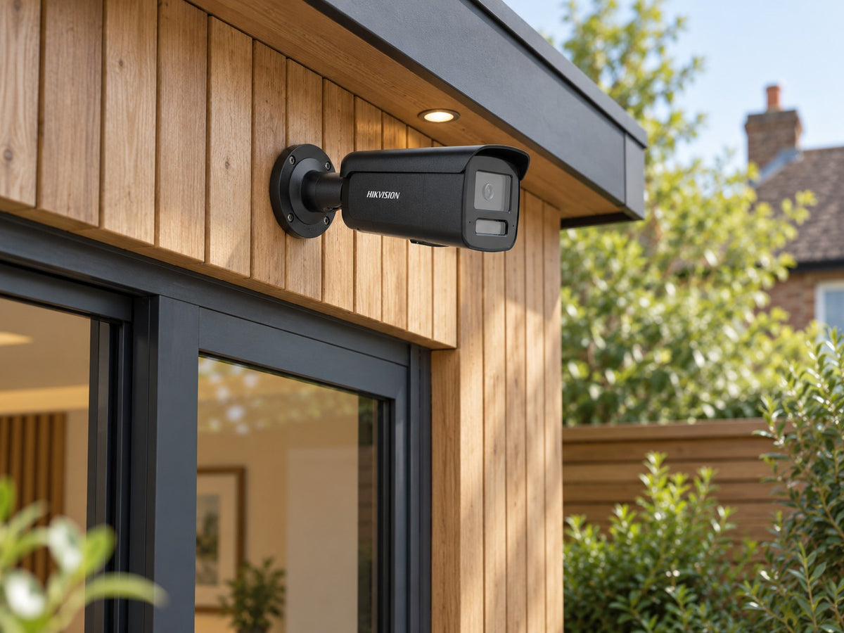 Hikvision DS-2CD2T47G3-LIY (black) installed in British garden studio entrance.