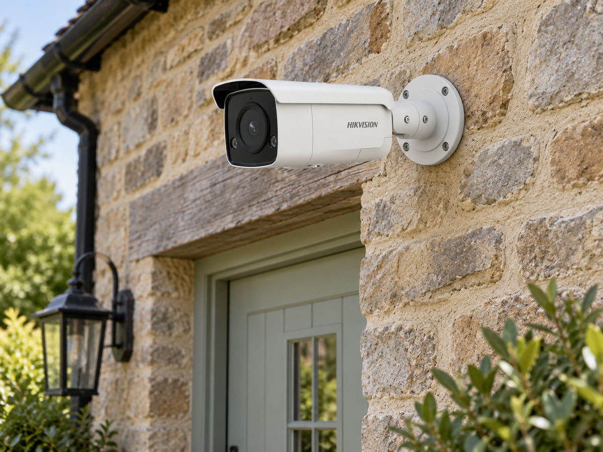 Hikvision DS-2CD2T66G2-2I (white) installed in British stone cottage doorway.