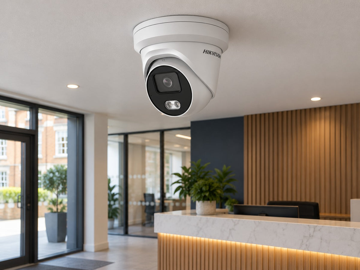 Hikvision DS-2CD3346G3-LISUY (white) installed in British accountancy office lobby.