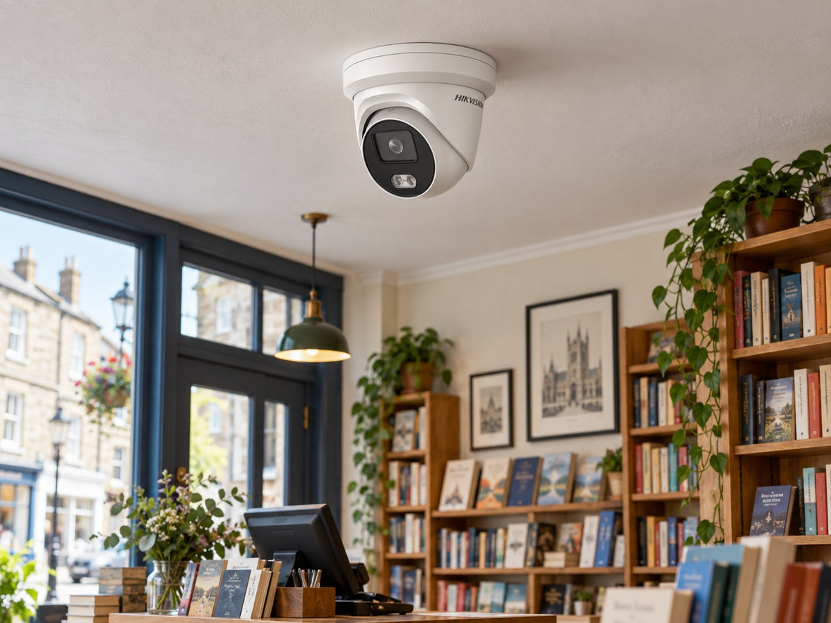 Hikvision DS-2CD3346G3-LISUY (white) installed in British independent bookshop reception.