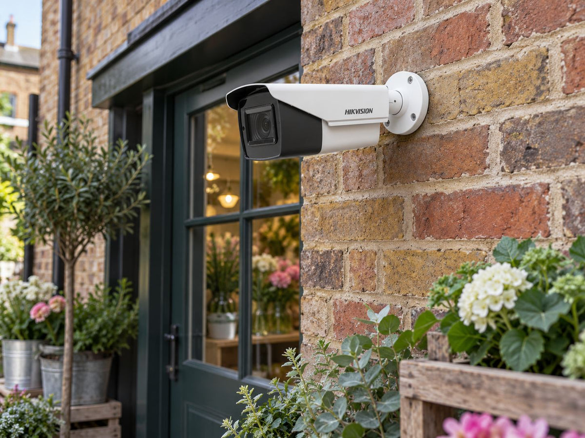 Hikvision DS-2CE19H8T-AIT3ZF (white) installed in British florist shop side entrance.