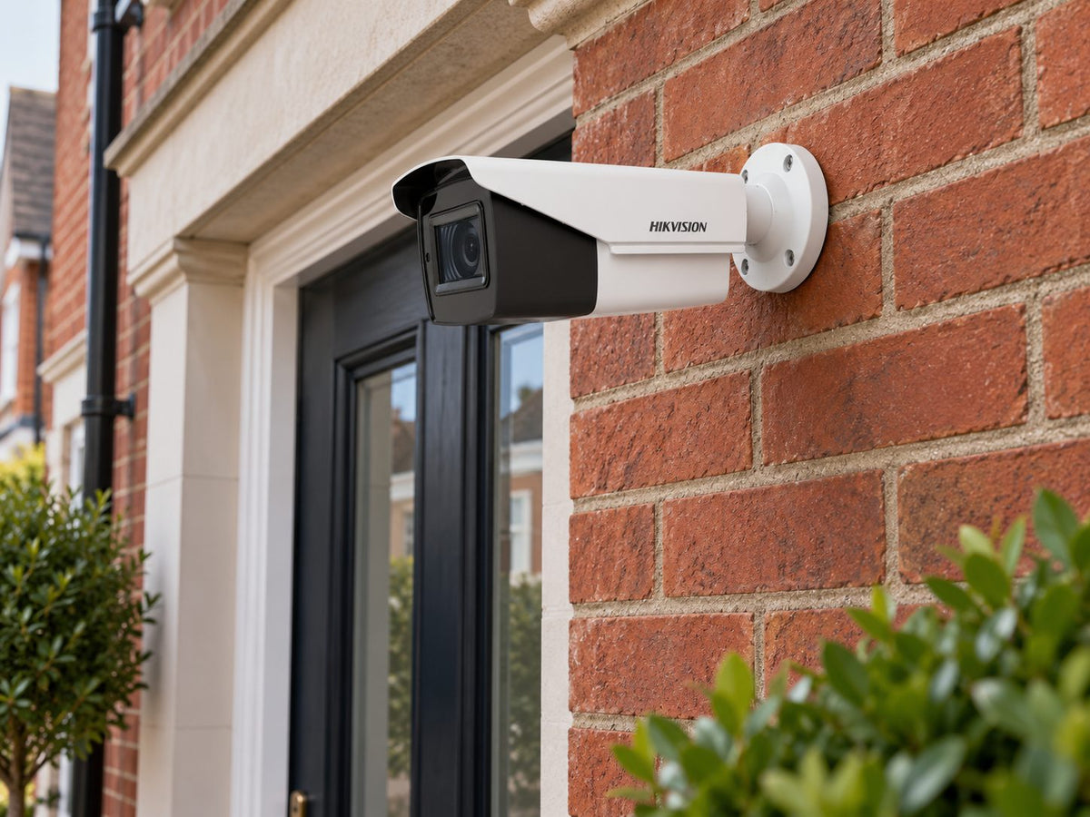 Hikvision DS-2CE19H8T-AIT3ZF (white) installed in British red-brick townhouse entrance.