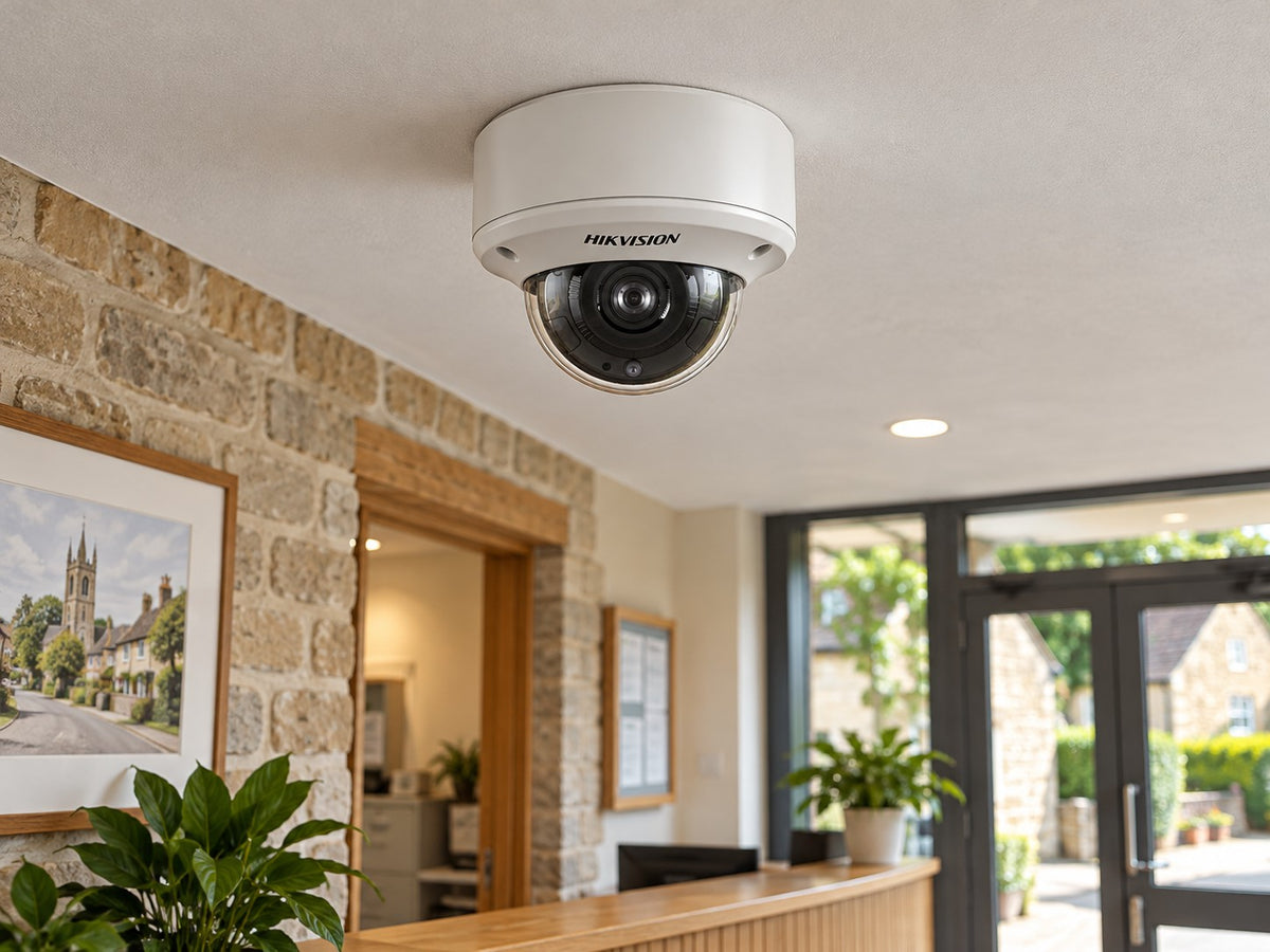 Hikvision DS-2CE59H8T-AVPIT3ZF (white) installed in British village office reception.