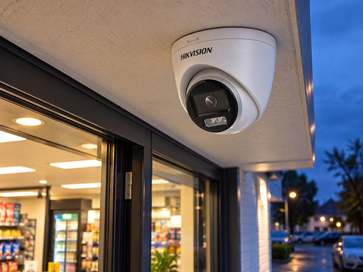 Hikvision DS-2CE72KF3T-LE (3.6 mm) shown at an evening shop entrance.