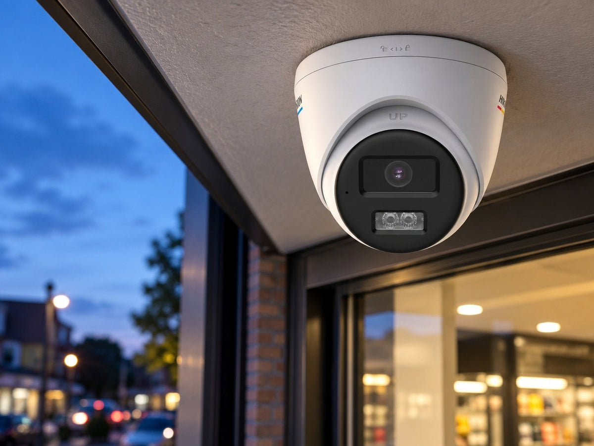 Hikvision DS-2CE72KF3T-LSYE (2.8 mm) shown at an evening shop entrance.