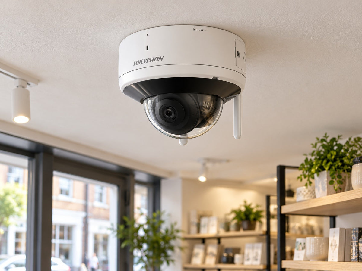 Hikvision DS-2CV2141G2-IDW (white) installed in British small retail showroom.