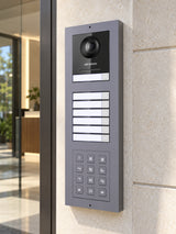 DS-KD-KP keypad in a station beside a glass entrance; other modules and frame sold separately.