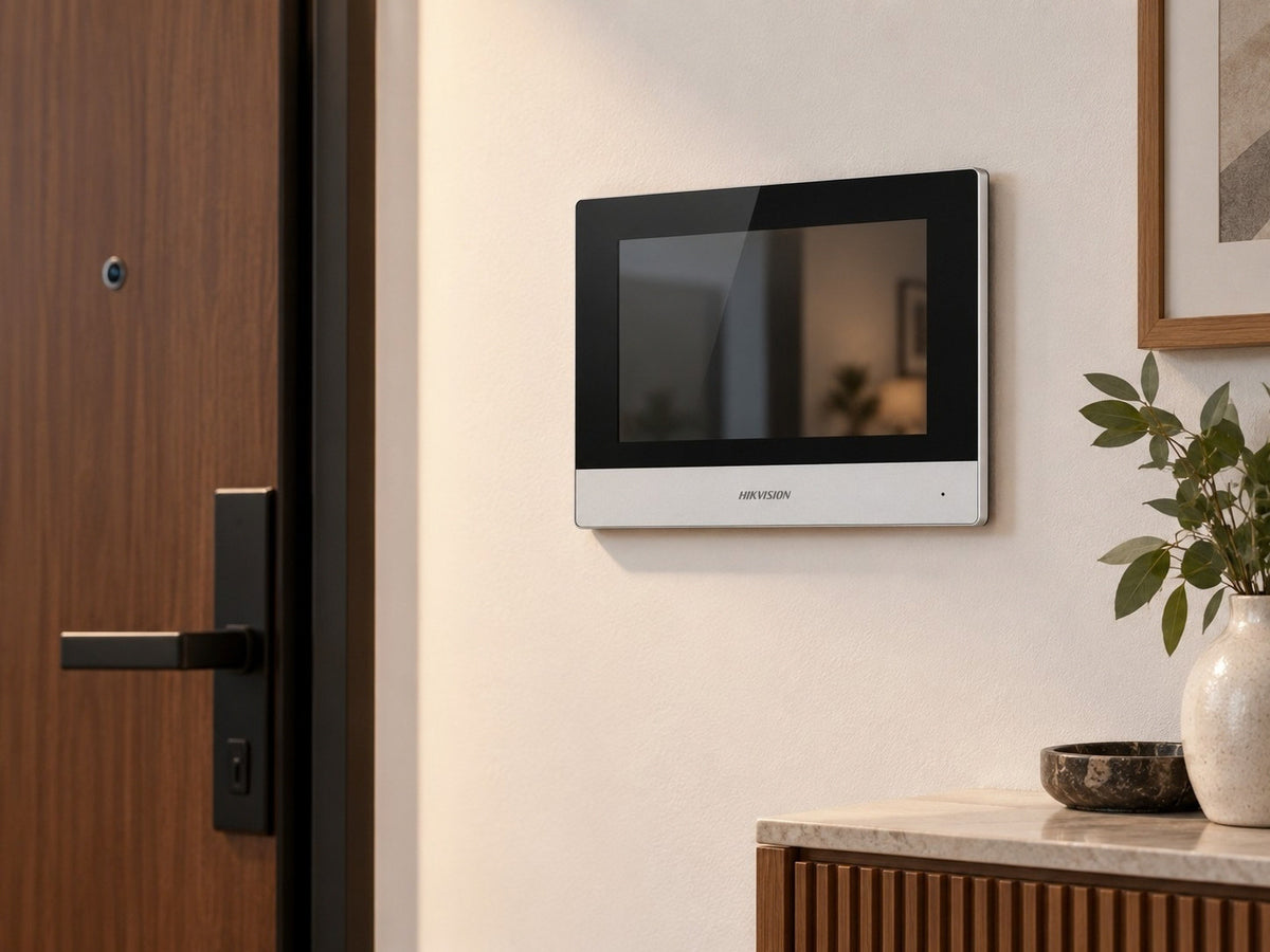 Hikvision DS-KH6320Y-WTE2 shown at a wall beside a door.