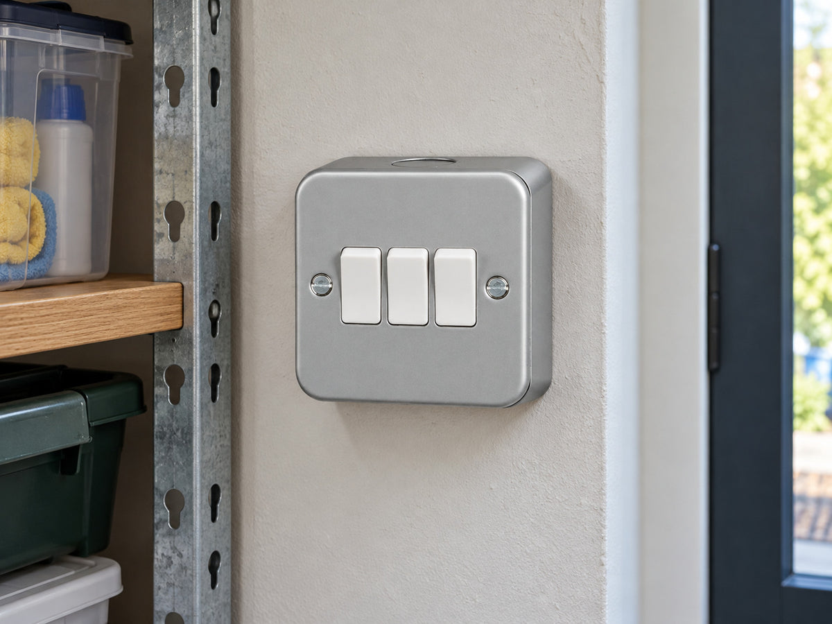 Knightsbridge M4000 powder-coated silver/grey light switch mounted on the wall in a dry utility-room wall beside storage shelving.