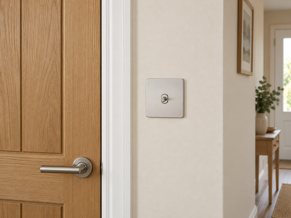 Knightsbridge SF1TOGBC brushed chrome toggle switch fitted flush in UK hallway beside a timber doorway.