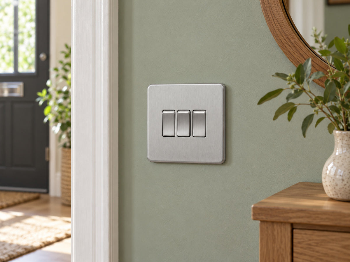 Knightsbridge SF4000BC brushed chrome light switch installed in a UK living-room entrance wall with muted sage paint.