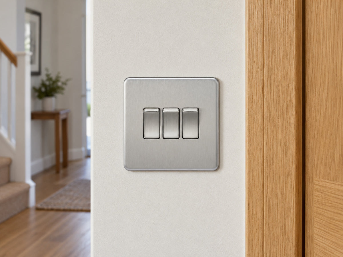 Knightsbridge SF4000BC brushed chrome light switch installed in a UK hallway wall beside an oak door frame.