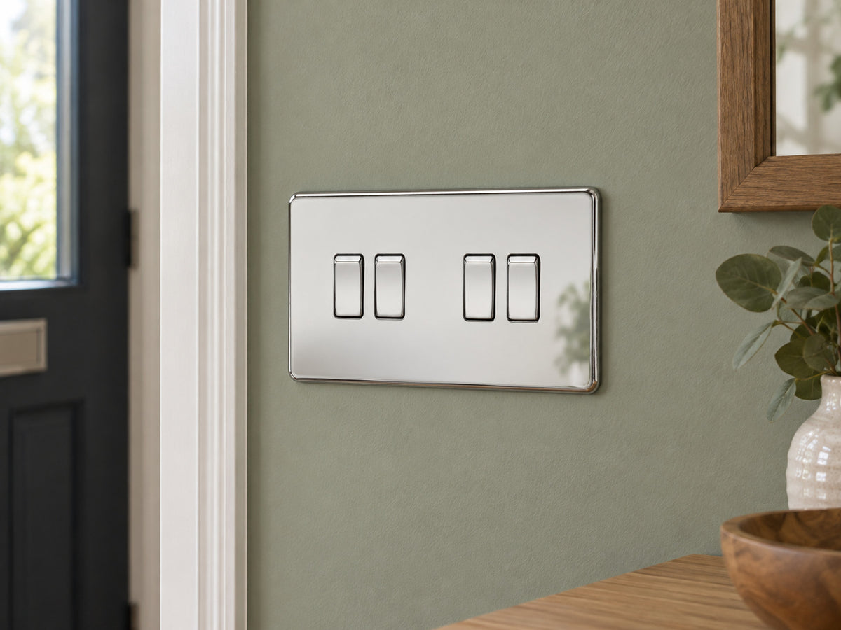 Knightsbridge SF4100PC polished chrome light switch installed on a UK living-room entrance wall with muted sage paint.