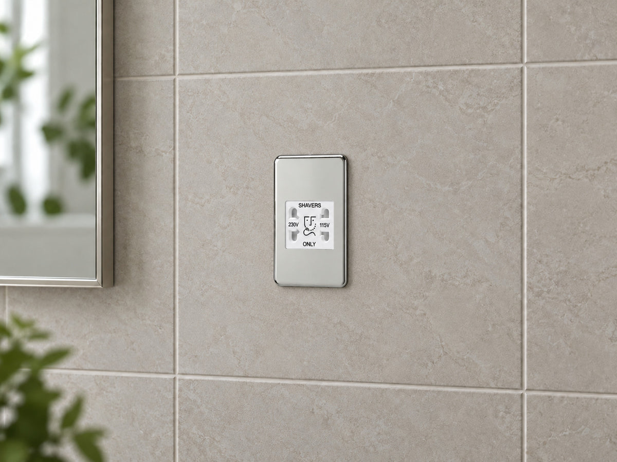Knightsbridge SF8900PCW polished chrome shaver socket fitted flush in modern UK bathroom.