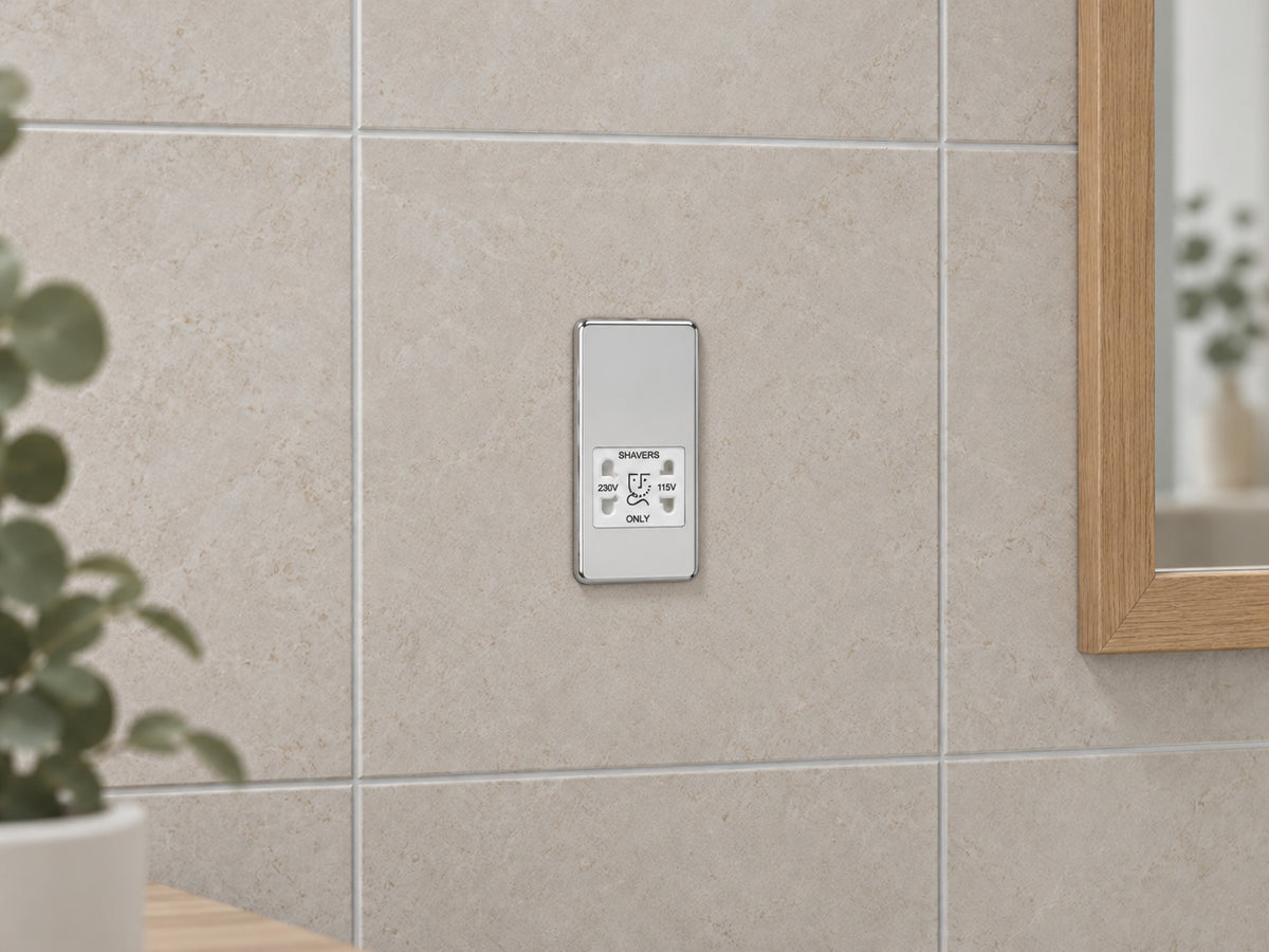Knightsbridge SF8900PCW polished chrome shaver socket fitted flush in restrained UK cloakroom.