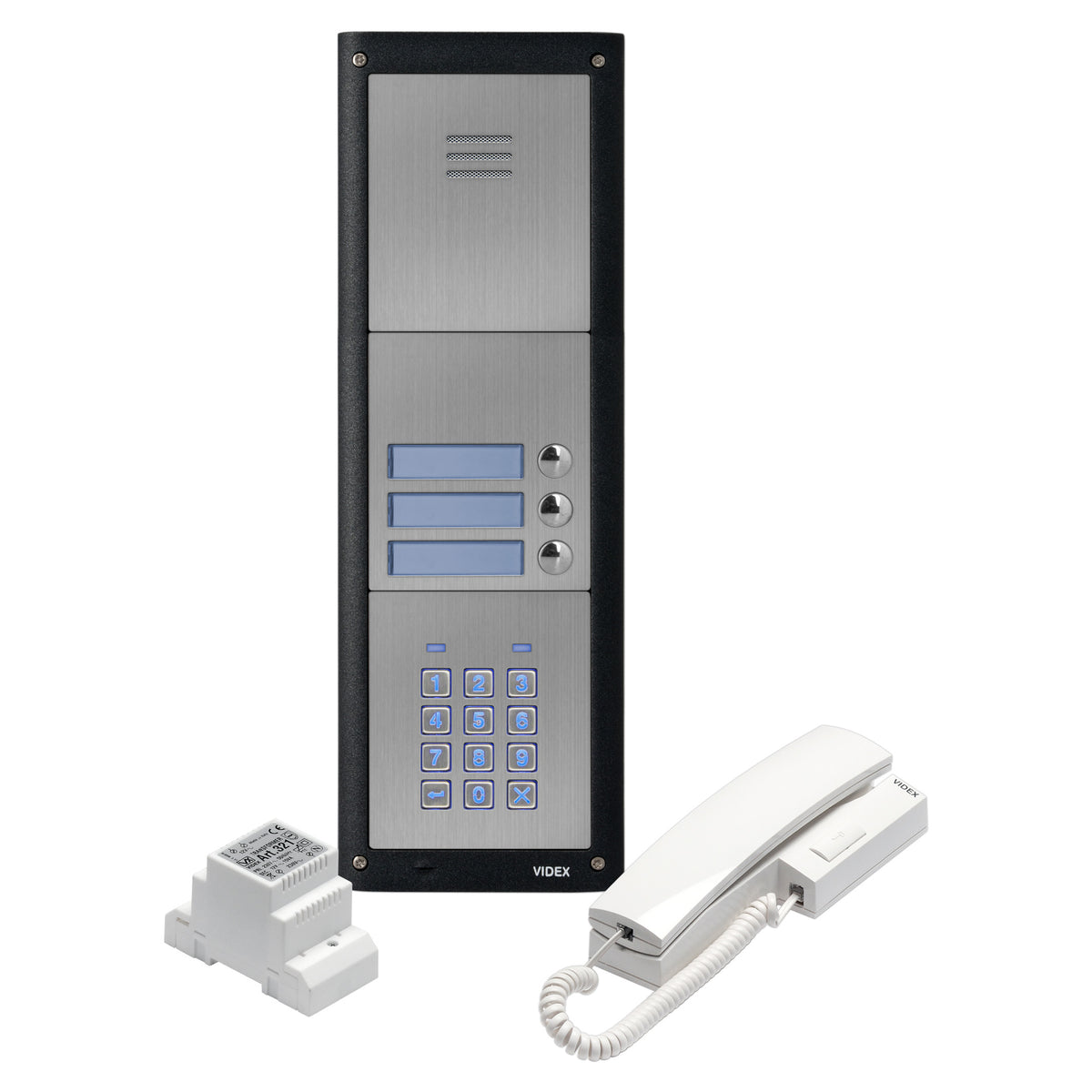 Videx three-button surface entry panel, handset and PSU