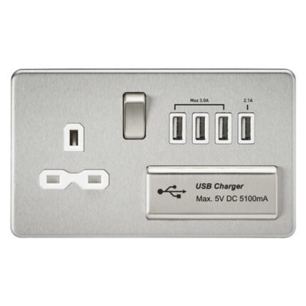 Knightsbridge Screwless 13A switched socket with quad USB charger (5.1A) – brushed chrome with white insert SFR7USB4BCW - West Midland Electrics | CCTV & Electrical Wholesaler 5