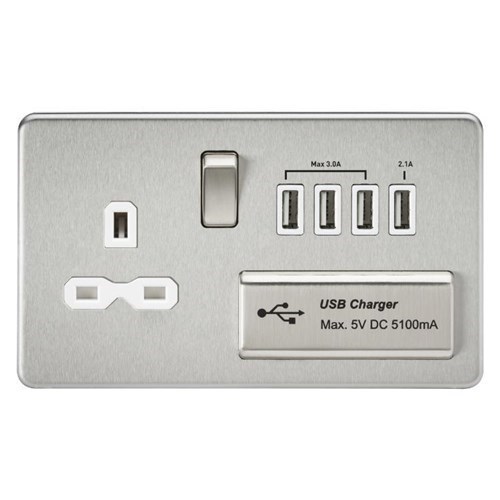 Knightsbridge Screwless 13A switched socket with quad USB charger (5.1A) – brushed chrome with white insert SFR7USB4BCW - West Midland Electrics | CCTV & Electrical Wholesaler 3