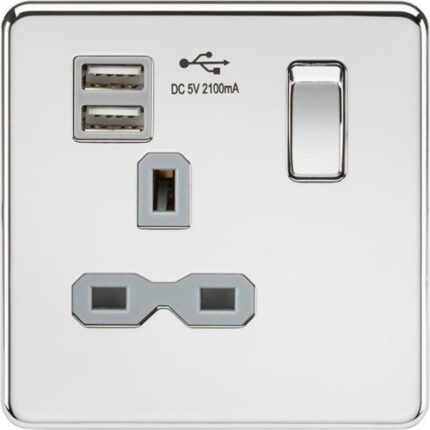 Knightsbridge Screwless 13A 1G switched socket with dual USB charger (2.1A) – polished chrome with grey insert SFR9901PCG - West Midland Electrics | CCTV & Electrical Wholesaler