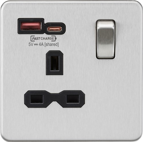 Knightsbridge 13A 1G Switched Socket with dual USB [FASTCHARGE] A+C – Brushed Chrome with black insert SFR9919BC - West Midland Electrics | CCTV & Electrical Wholesaler