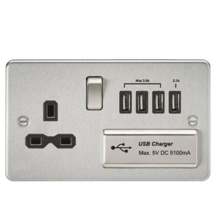 Knightsbridge Flat plate 13A switched socket with quad USB charger – brushed chrome with black insert FPR7USB4BC - West Midland Electrics | CCTV & Electrical Wholesaler 5