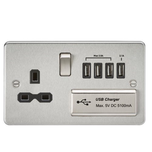 Knightsbridge Flat plate 13A switched socket with quad USB charger – brushed chrome with black insert FPR7USB4BC - West Midland Electrics | CCTV & Electrical Wholesaler 3