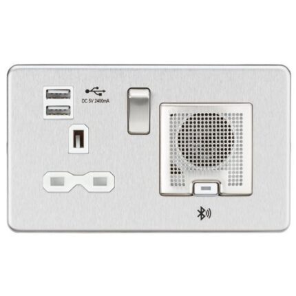 Knightsbridge Screwless 13A socket,USB chargers (2.4A) and Bluetooth Speaker – Brushed chrome with white insert SFR9905BCW - West Midland Electrics | CCTV & Electrical Wholesaler