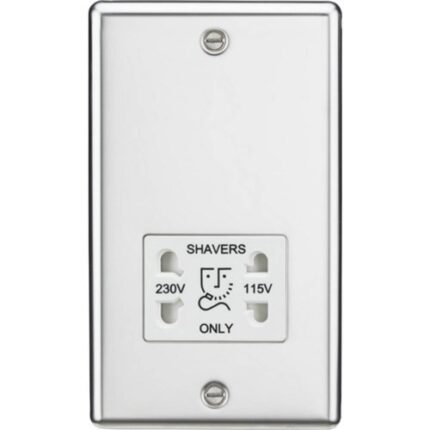 Knightsbridge 115-230V Dual Voltage Shaver Socket with White Insert – Rounded Edge Polished Chrome CL89PCW - West Midland Electrics | CCTV & Electrical Wholesaler