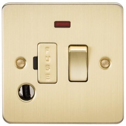 Knightsbridge Flat Plate 13A switched fused spur unit with neon and flex outlet – brushed brass FP6300FBB - West Midland Electrics | CCTV & Electrical Wholesaler