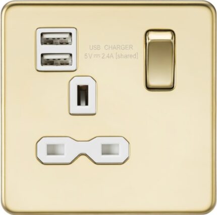 Knightsbridge Screwless 13A 1G switched socket with dual USB charger (2.4A) – polished brass with white insert - West Midland Electrics | CCTV & Electrical Wholesaler 5