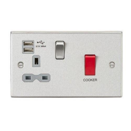 Knightsbridge 45A DP Switch & 13A Switched Socket with Dual USB Charger 2.4A – Brushed Chrome with grey insert CS8333UBCG - West Midland Electrics | CCTV & Electrical Wholesaler