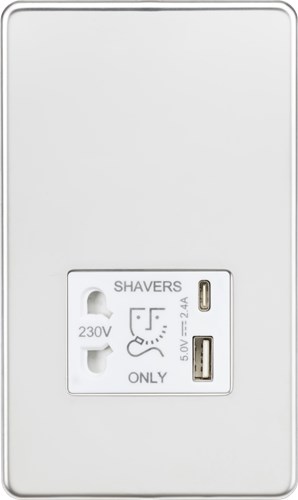 Knightsbridge Shaver socket with dual USB A+C (5V DC 2.4A shared) – polished chrome with white insert SF8909PCW - West Midland Electrics | CCTV & Electrical Wholesaler