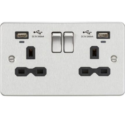Knightsbridge Flat plate 13A Smart 2G switched socket with USB chargers (2.4A) – Brushed Chrome with black insert FPR9904NBC - West Midland Electrics | CCTV & Electrical Wholesaler 5