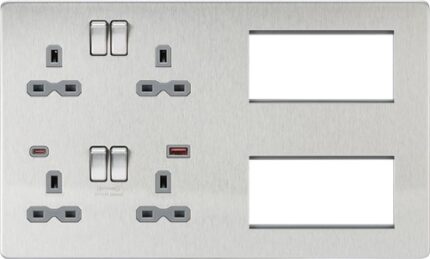Knightsbridge Screwless Combination Plate with Dual USB FASTCHARGE A+C – Brushed Chrome with grey insert SFR998BCG - West Midland Electrics | CCTV & Electrical Wholesaler