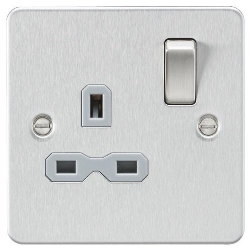 Knightsbridge Flat plate 13A 1G DP switched socket – brushed chrome with grey insert FPR7000BCG - West Midland Electrics | CCTV & Electrical Wholesaler