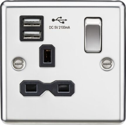 Knightsbridge 13A 1G Switched Socket Dual USB Charger Slots with Black Insert – Rounded Edge Polished Chrome CL91PC - West Midland Electrics | CCTV & Electrical Wholesaler 5